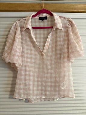 Laundry by Shelli Segal Sheer Pink Plaid Puff Sleeve Blouse Sz XL